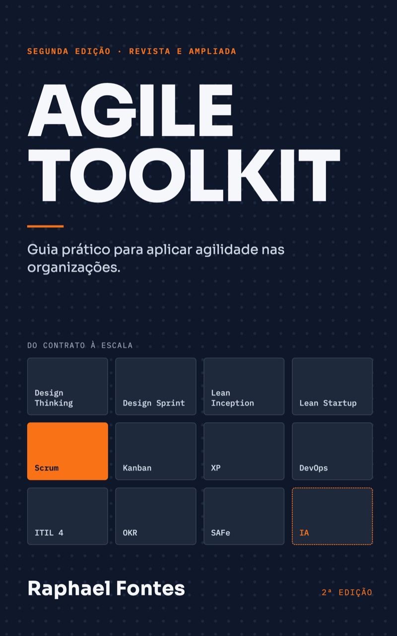 Capa do Agile Toolkit, segunda edição: fundo navy, o título em caixa alta e uma grade com os frameworks do livro